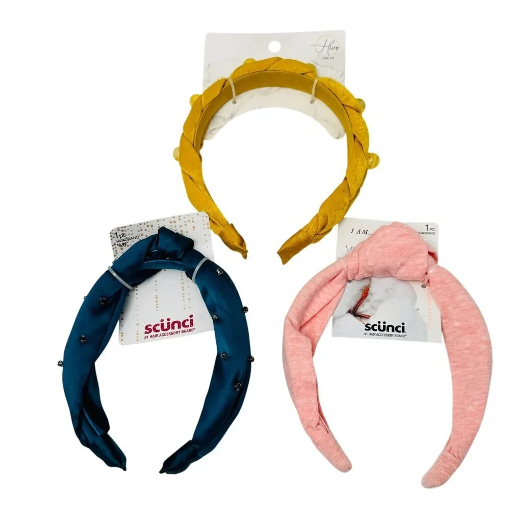Scunci & Hive Headband Set Braided Yellow Pink Blue 3-Pack